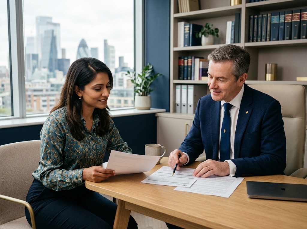 ABEC Legal consultation — advisors reviewing documents together in a modern office